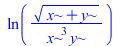 ln(`/`(`*`(`^`(`+`(x, y), `/`(1, 2))), `*`(`^`(x, 3), `*`(y))))